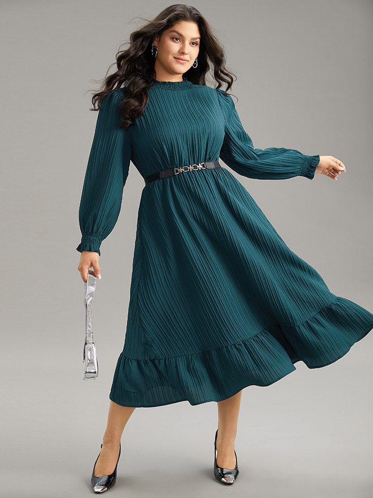 

Plus Size Plain Texture Elastic Waist Frill Trim Shirred Dress Emerald Women Office Texture Mock Neck Long Sleeve Curvy Midi Dress BloomChic