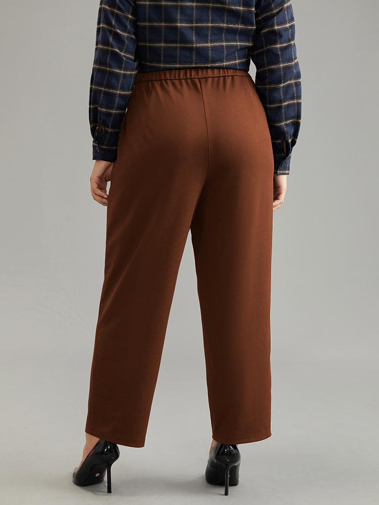 Plus Size Plain Elastic Waist Pocket Mid Rise Pants Women DarkBrown Office Mid Rise Work Pants BloomChic 28/5X 