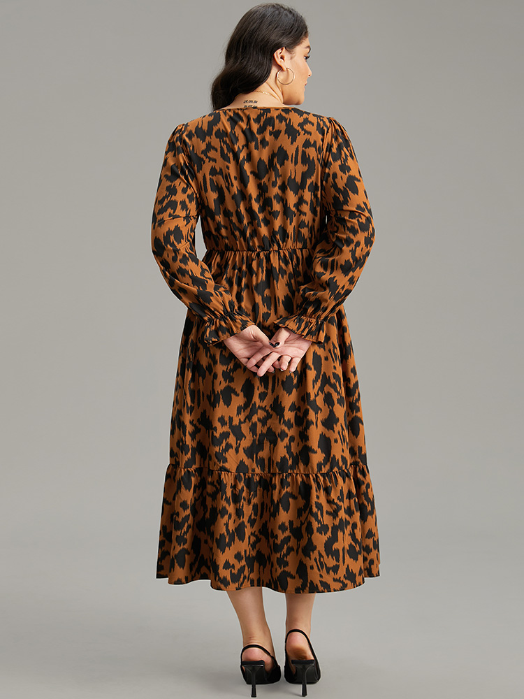 

Plus Size Overlap Collar Leopard Gathered Ruffles Dress Chocolate Women Office Wrap Overlap Collar Long Sleeve Curvy Midi Dress BloomChic