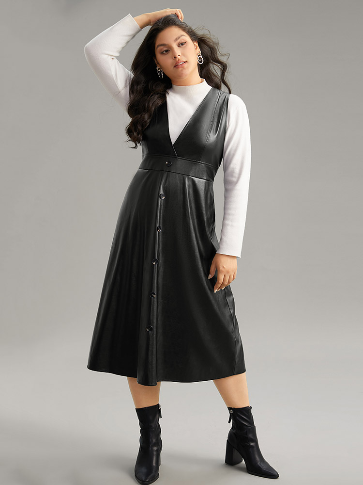 Plus Size PU Leather Sleeveless Button Detail Dress Black Women Office Plain V-neck Sleeveless Curvy Midi Dress BloomChic 26/4X 