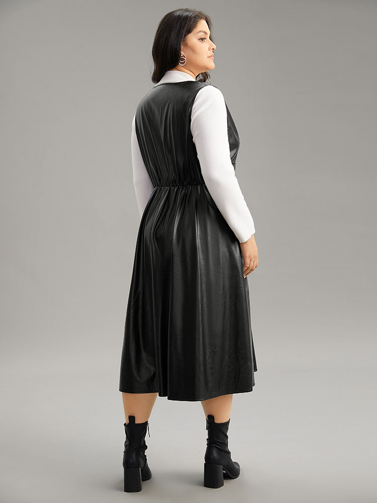Plus Size PU Leather Sleeveless Button Detail Dress Black Women Office Plain V-neck Sleeveless Curvy Midi Dress BloomChic 26/4X 