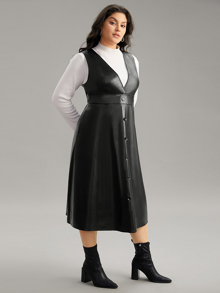 Plus Size PU Leather Sleeveless Button Detail Dress Black Women Office Plain V-neck Sleeveless Curvy Midi Dress BloomChic 26/4X 