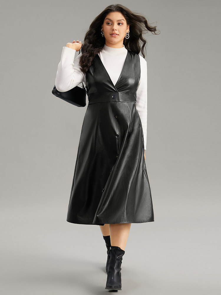 Plus Size PU Leather Sleeveless Button Detail Dress Black Women Office Plain V-neck Sleeveless Curvy Midi Dress BloomChic 26/4X 