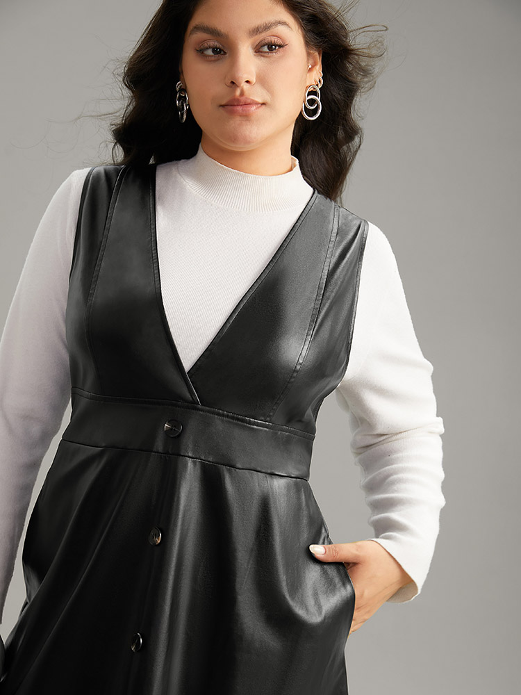 Plus Size PU Leather Sleeveless Button Detail Dress Black Women Office Plain V-neck Sleeveless Curvy Midi Dress BloomChic 26/4X 