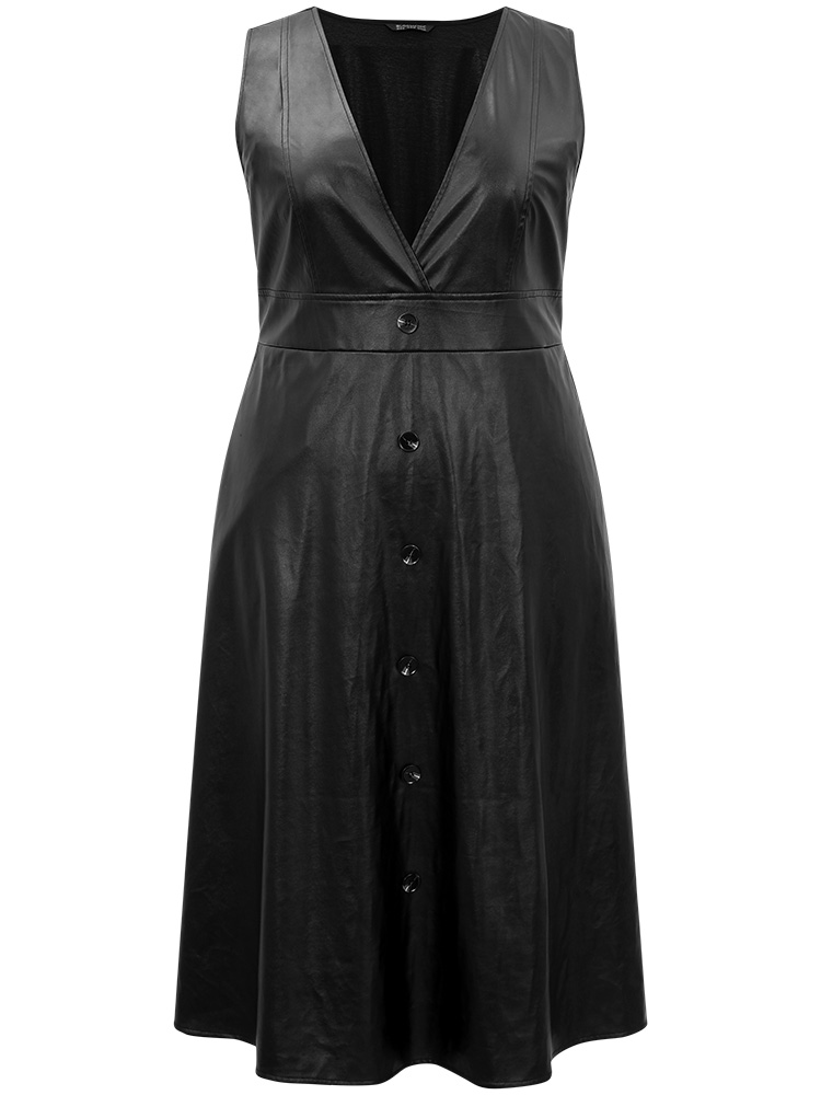 Plus Size PU Leather Sleeveless Button Detail Dress Black Women Office Plain V-neck Sleeveless Curvy Midi Dress BloomChic 26/4X 