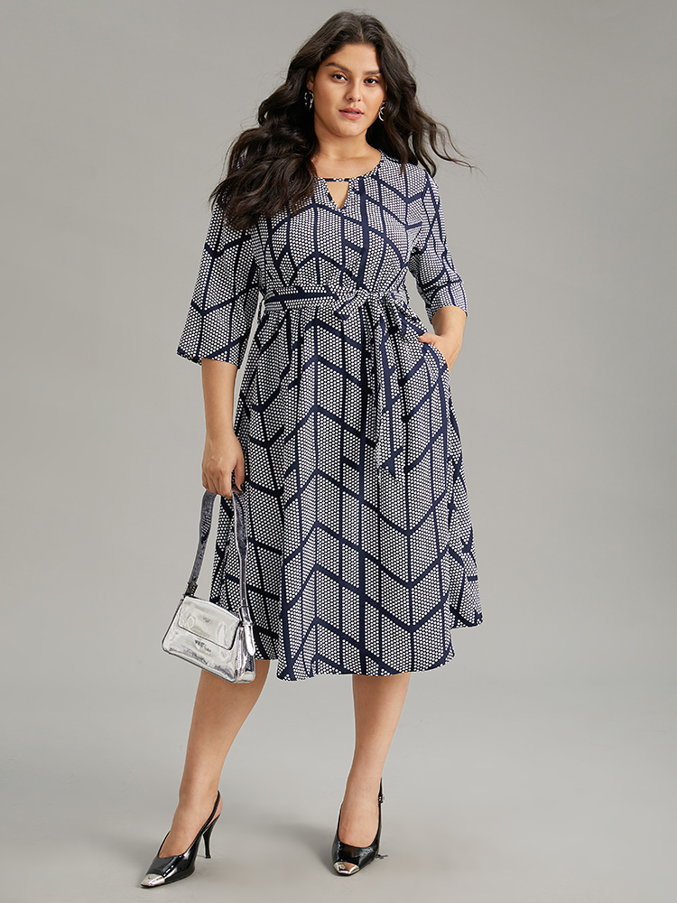 

Plus Size Polka Dot Geometric Keyhole Belted Dress Indigo Women At the Office Belted Keyhole Cut-Out Half Sleeve Curvy Midi Dress BloomChic