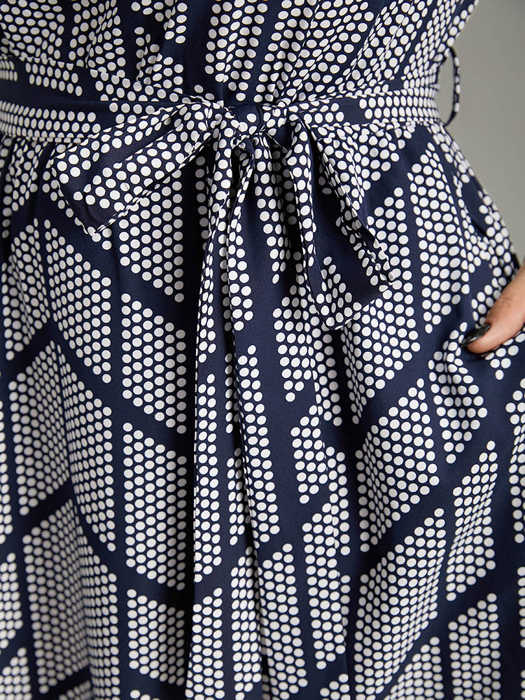 

Plus Size Polka Dot Geometric Keyhole Belted Dress Indigo Women At the Office Belted Keyhole Cut-Out Half Sleeve Curvy Midi Dress BloomChic