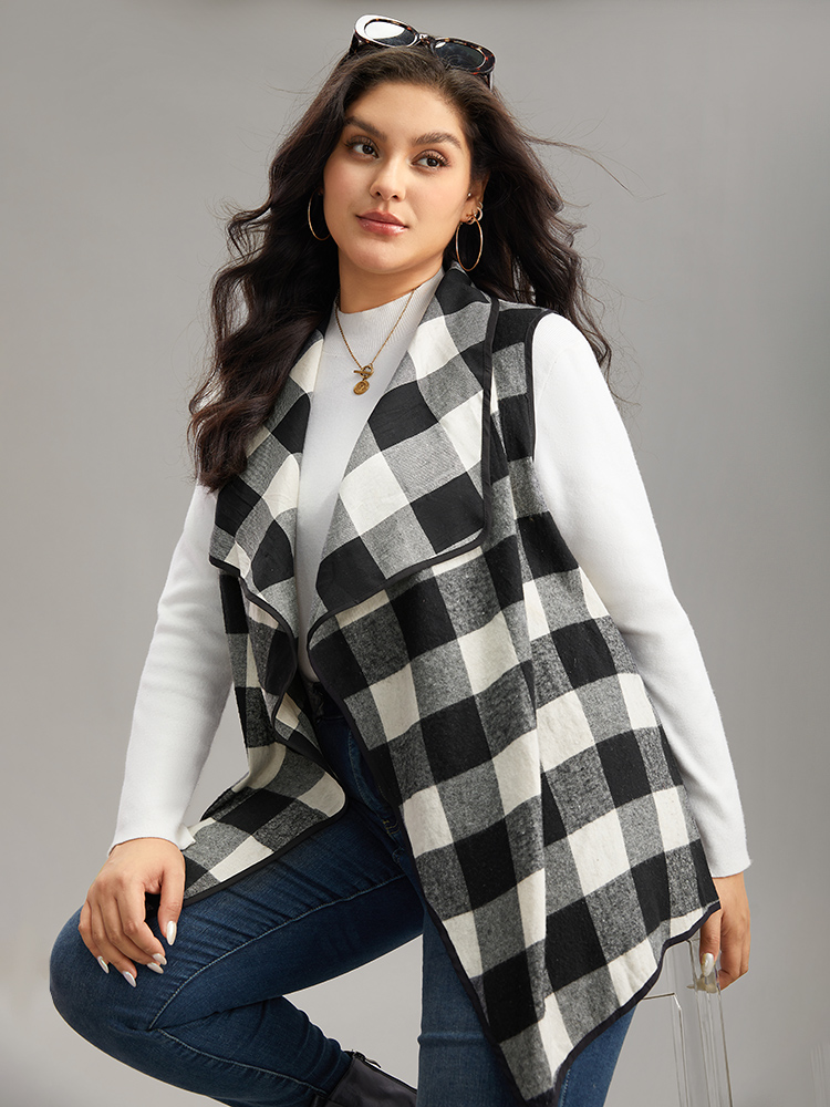 

Plus Size Plaid Asymmetrical Hem Open Front Vest Women Black Casual Contrast Dailywear Kimonos BloomChic