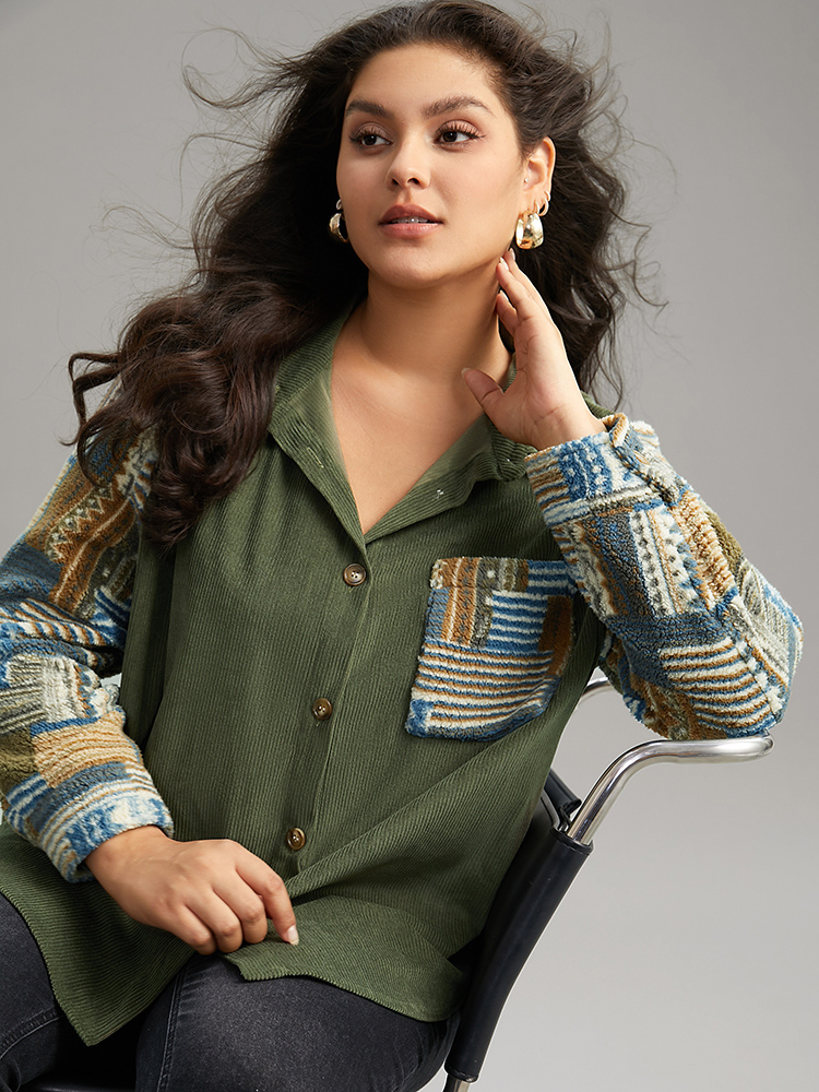 

Plus Size Textured Contrast Patchwork Button Through Jacket Women ArmyGreen Casual Contrast Ladies Dailywear Winter Coats BloomChic
