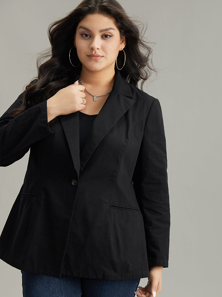 

Plus Size Plain Gathered Suit Collar Button Fly Blazer Black Women Dailywear Plain Plain Sleeve Long Sleeve Suit Collar  Casual Blazers BloomChic