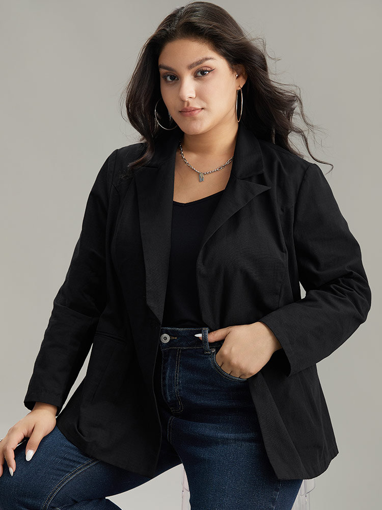 

Plus Size Plain Gathered Suit Collar Button Fly Blazer Black Women Dailywear Plain Plain Sleeve Long Sleeve Suit Collar  Casual Blazers BloomChic