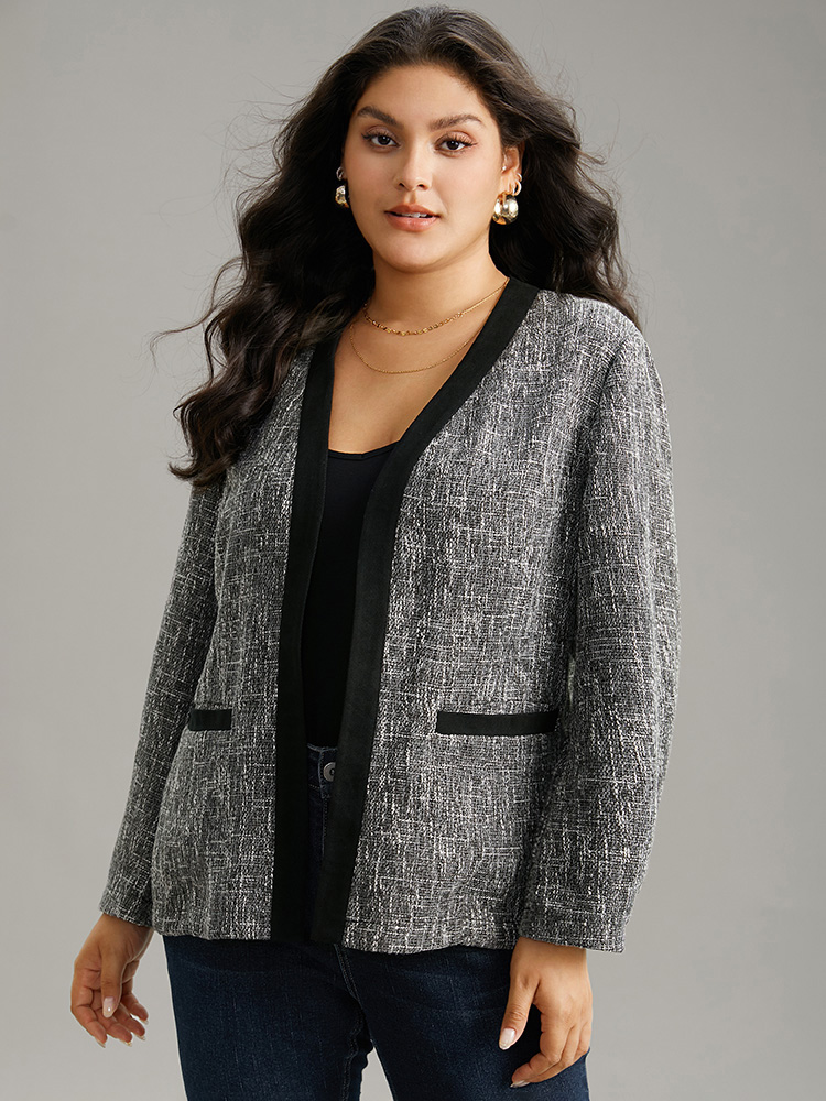 

Plus Size Tweed Contrast Trim Pocket Tweed Blazer Gray Women Dailywear Plain Contrast Sleeve Long Sleeve Open Front  Pocket Casual Blazers BloomChic