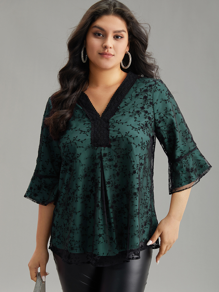 

Plus Size DarkGreen Crochet Lace Mesh Bell Sleeve Blouse Women Cocktail Elbow-length sleeve V-neck Party Blouses BloomChic