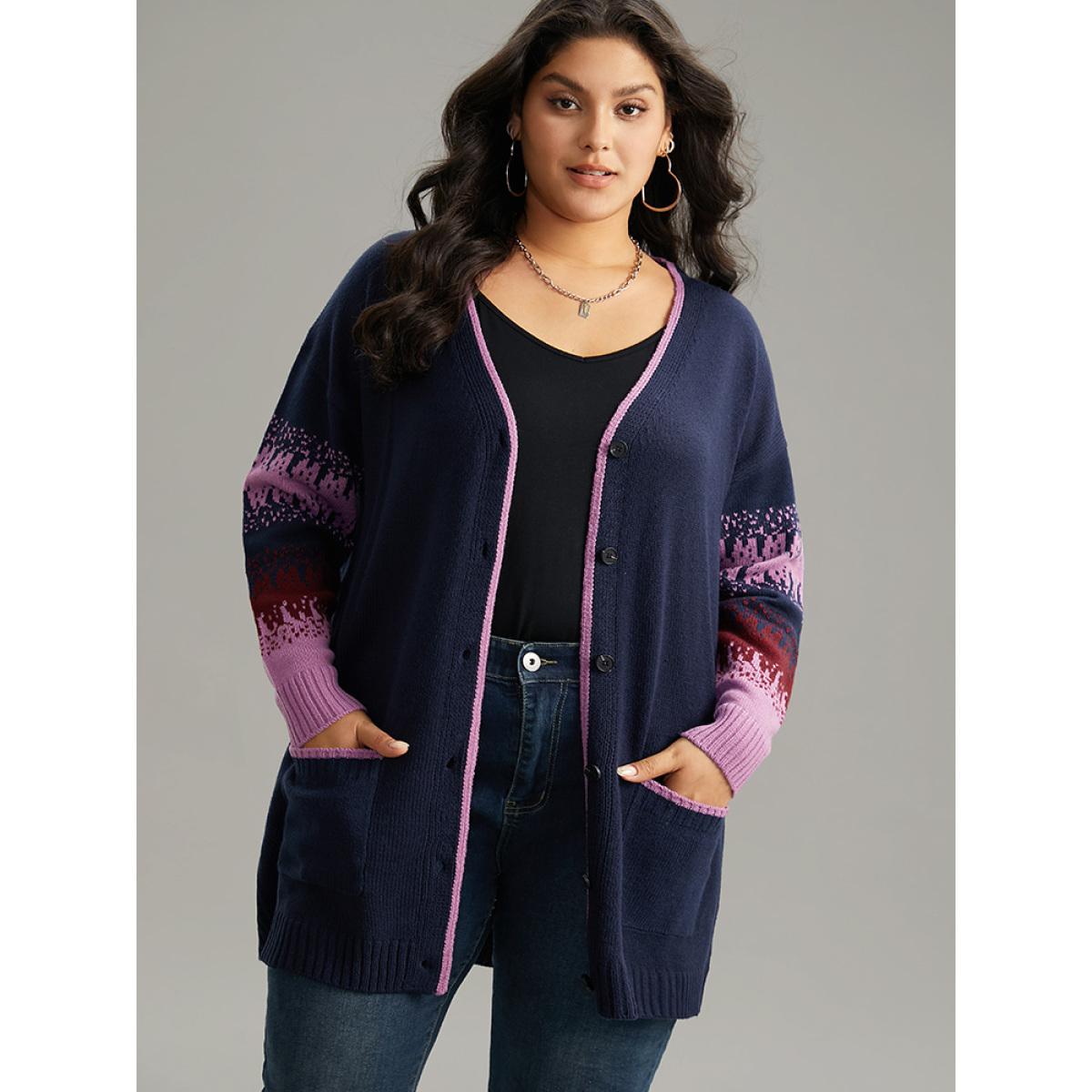 

Plus Size Contrast Heather Pocket Open Front Cardigan Midnight Women Casual Loose Long Sleeve Everyday Cardigans BloomChic