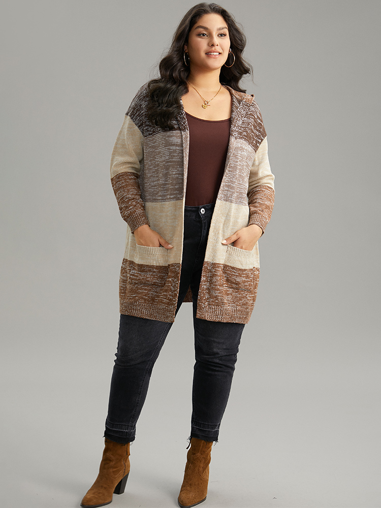 Plus Size Heather Colorblock Hooded Pocket Cardigan Multicolor Women Casual Loose Long Sleeve Dailywear Cardigans BloomChic 28/5X 