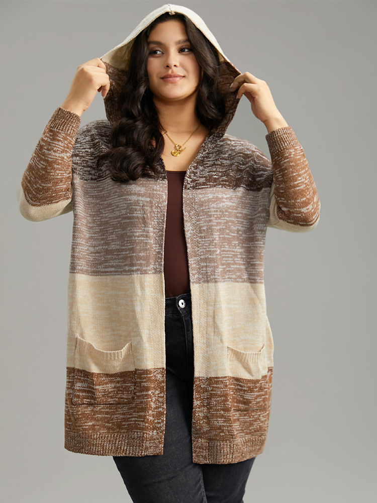 Plus Size Heather Colorblock Hooded Pocket Cardigan Multicolor Women Casual Loose Long Sleeve Dailywear Cardigans BloomChic 28/5X 