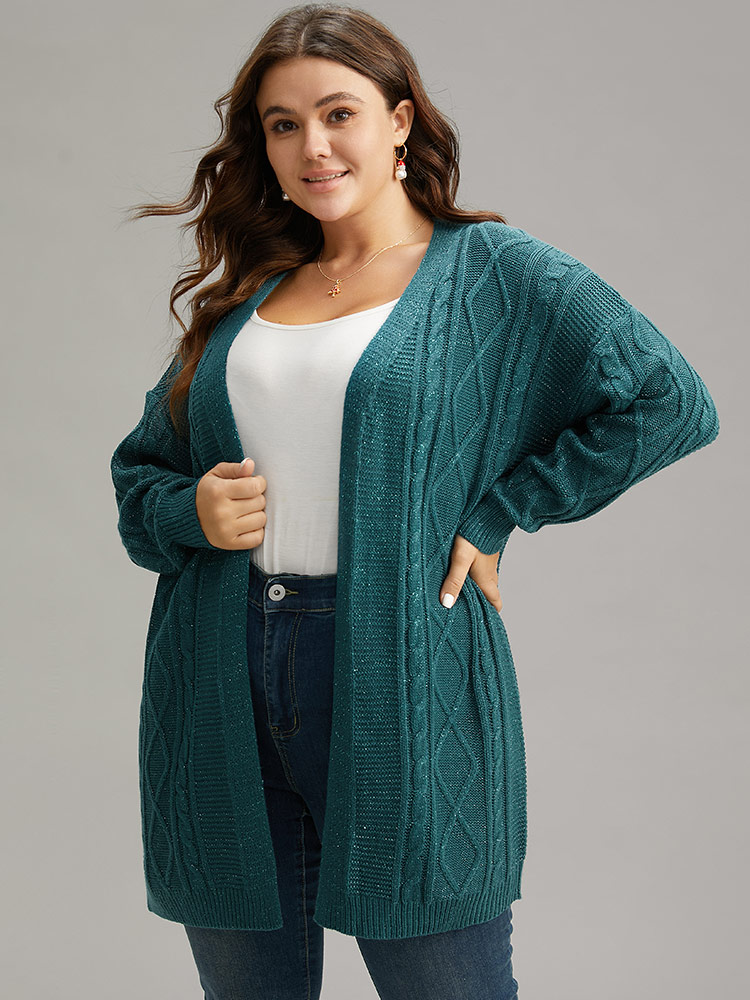 

Plus Size Plain Cable Knit Luxe Open Front Cardigan Cyan Women Casual Loose Long Sleeve Dailywear Cardigans BloomChic