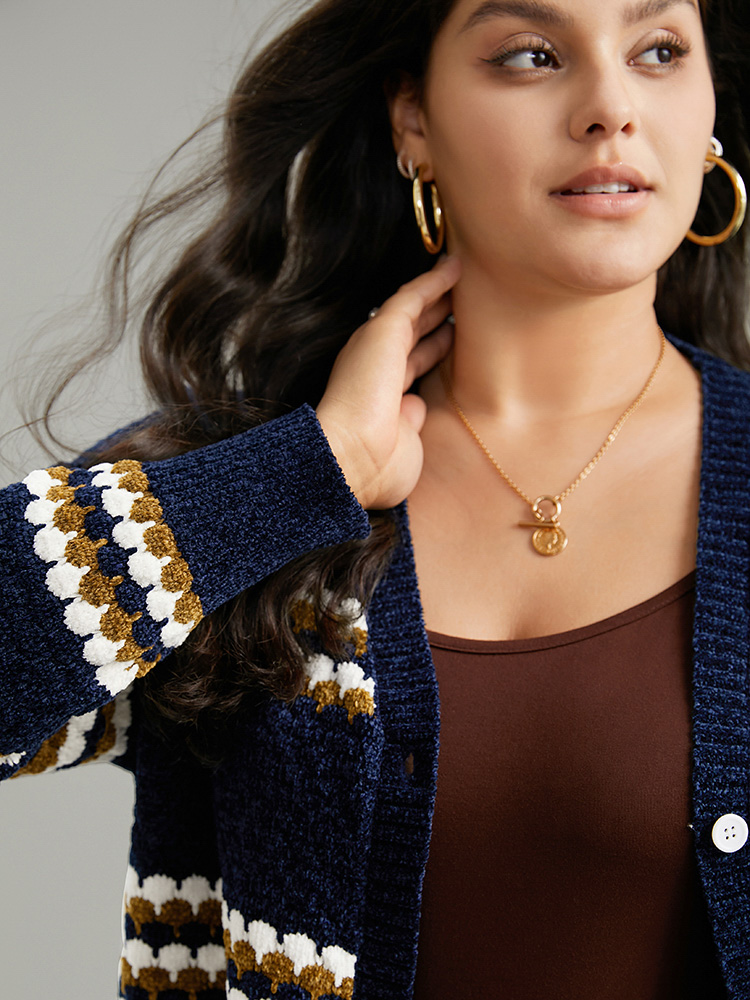 Plus Size Cardigans | Chenille Geo Button Through Cardigan | BloomChic 