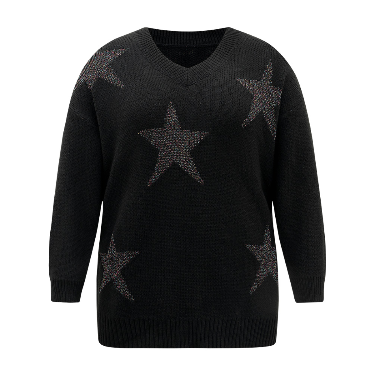 

Plus Size V Neck Plain Star Luxe Pullover Black Women Casual Loose Long Sleeve V-neck Dailywear Pullovers BloomChic