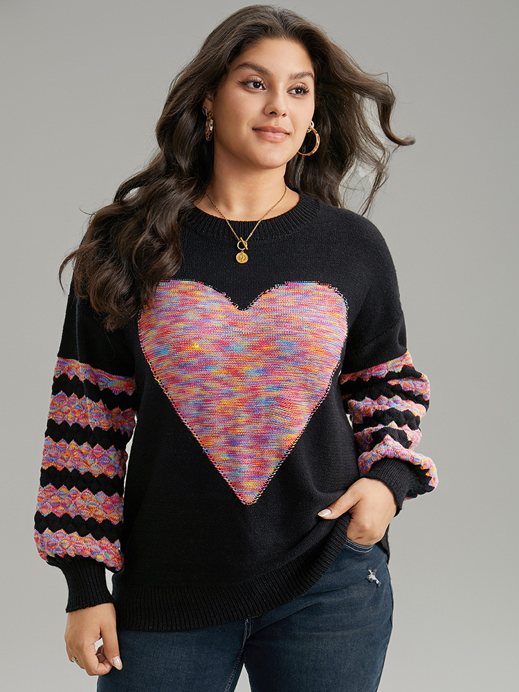 

Plus Size Heart Heather Patchwork Crew Neck Pullover Black Women Casual Loose Long Sleeve Round Neck Everyday Pullovers BloomChic