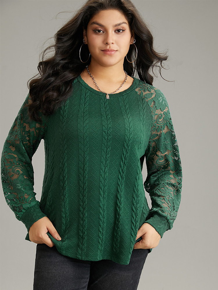 

Plus Size Guipure Lace Cable Knit Raglan Sleeve Sweatshirt Women Green Elegant Texture Round Neck Dailywear Sweatshirts BloomChic