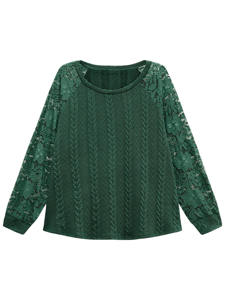 

Plus Size Guipure Lace Cable Knit Raglan Sleeve Sweatshirt Women Green Elegant Texture Round Neck Dailywear Sweatshirts BloomChic