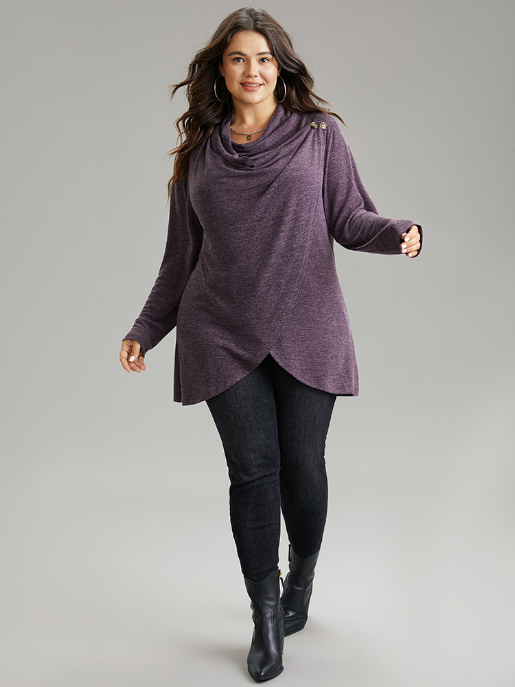 

Plus Size Plain Heather Cowl Neck Button Detail Sweatshirt Women Purple Casual Overlapping Cowl Neck Everyday Sweatshirts BloomChic