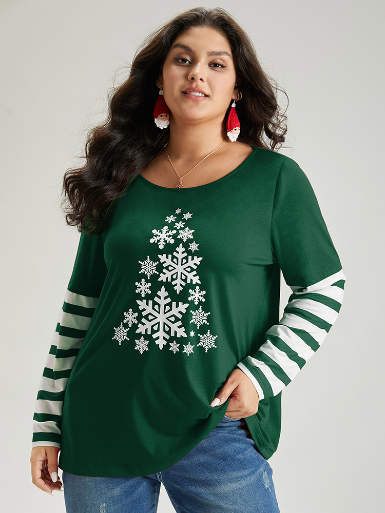 

Plus Size Snowflake Striped Patchwork T-shirt Green Women Casual Contrast Christmas Round Neck Festival-Christmas T-shirts BloomChic