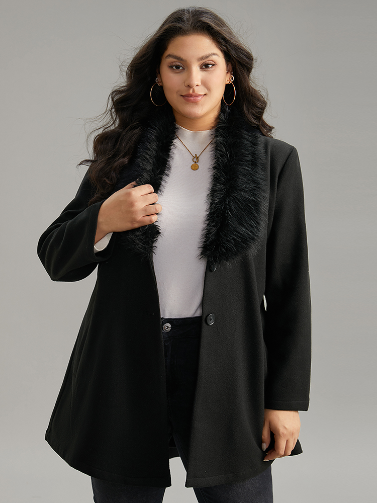 

Plus Size Plain Fuzzy Trim Patchwork Belted Coat Women Black Casual Plain Ladies Dailywear Winter Coats BloomChic