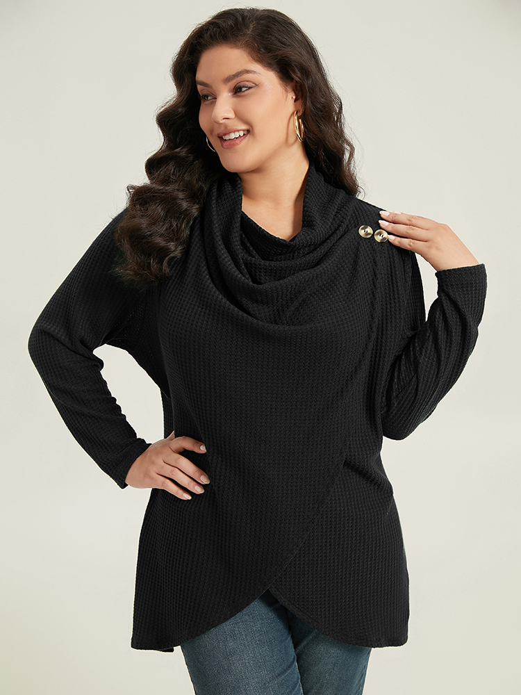 

Plus Size Waffle Knit Cowl Neck Wrap Hem T-shirt Black Cowl Neck Long Sleeve Elegant Jersey Tops