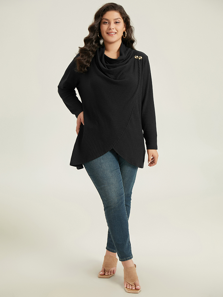 

Plus Size Waffle Knit Cowl Neck Wrap Hem T-shirt Black Cowl Neck Long Sleeve Elegant Jersey Tops