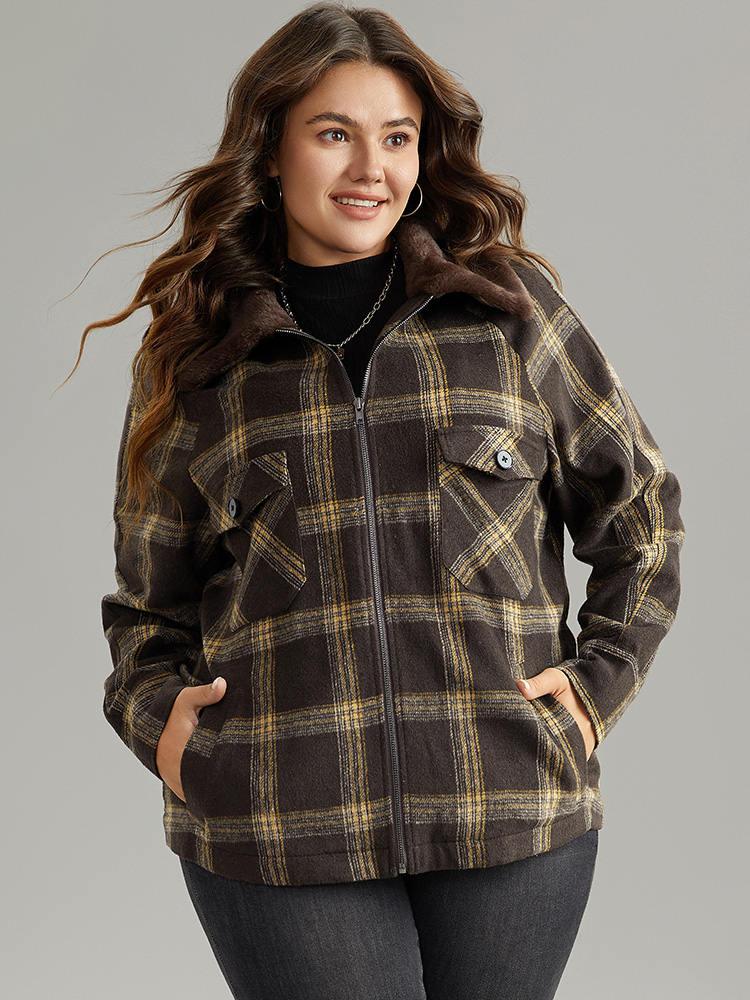 

Plus Size Plaid Patchwork Fuzzy Trim Zipper Fly Coat Women DarkBrown Casual Contrast Ladies Everyday Winter Coats BloomChic