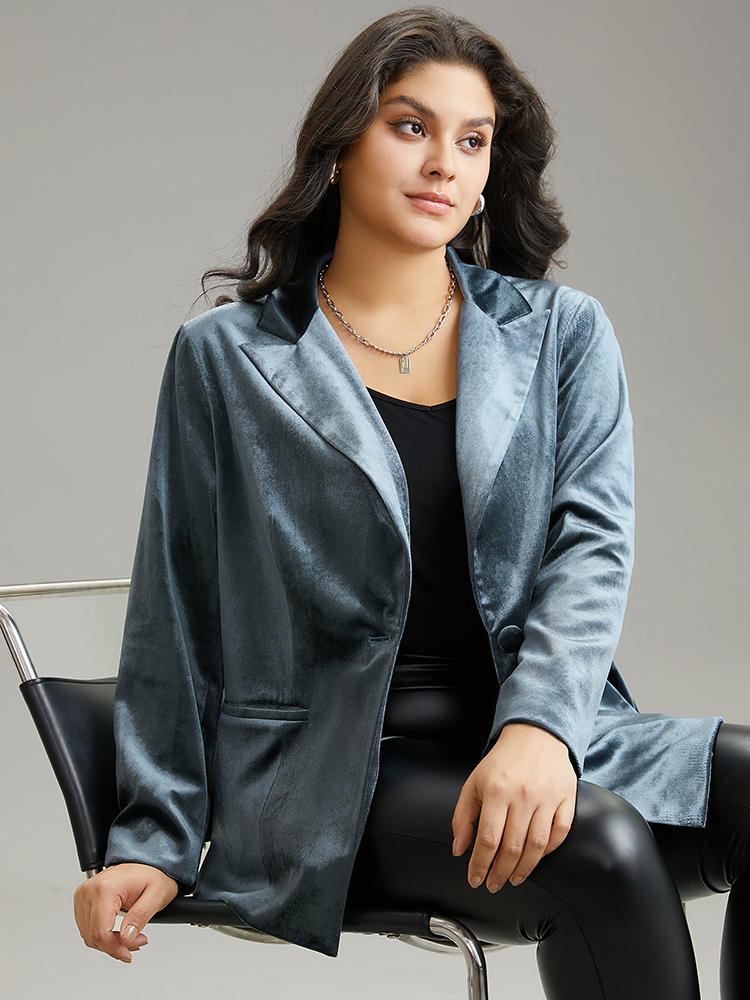 Plus Size Velvet Suit Collar Pocket Button Up Blazer Stone Women Work Plain Contrast Sleeve Long Sleeve Suit Collar 18-20/2X Pocket At the Office Blazers BloomChic 