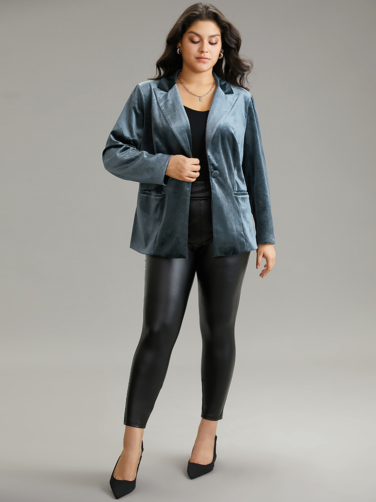 Plus Size Velvet Suit Collar Pocket Button Up Blazer Stone Women Work Plain Contrast Sleeve Long Sleeve Suit Collar 18-20/2X Pocket At the Office Blazers BloomChic 