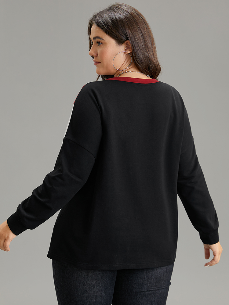 Plus Size Colorblock Contrast Round Neck Drop Shoulder Sweatshirt Women Black Casual Contrast Round Neck Dailywear Sweatshirts BloomChic 28/5X 