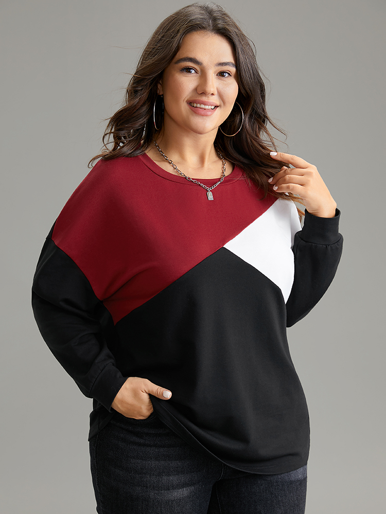 

Plus Size Colorblock Contrast Round Neck Drop Shoulder Sweatshirt Women Black Casual Contrast Round Neck Dailywear Sweatshirts BloomChic