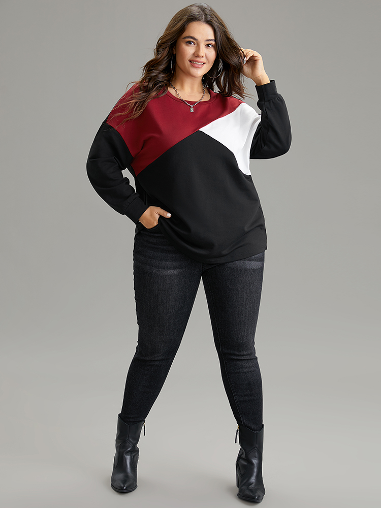 Plus Size Colorblock Contrast Round Neck Drop Shoulder Sweatshirt Women Black Casual Contrast Round Neck Dailywear Sweatshirts BloomChic 28/5X 