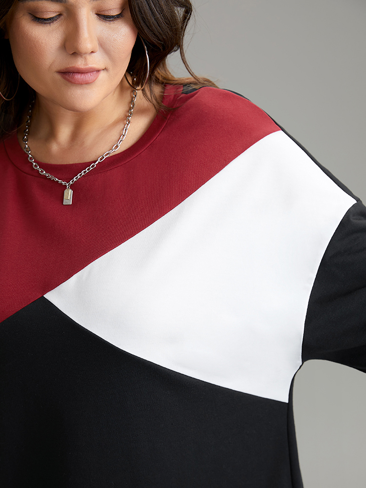 Plus Size Colorblock Contrast Round Neck Drop Shoulder Sweatshirt Women Black Casual Contrast Round Neck Dailywear Sweatshirts BloomChic 28/5X 