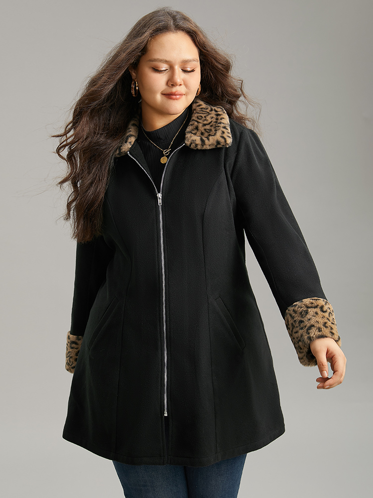 

Plus Size Leopard Patchwork Fuzzy Trim Zipper Coat Women Black Casual Contrast Ladies Dailywear Winter Coats BloomChic