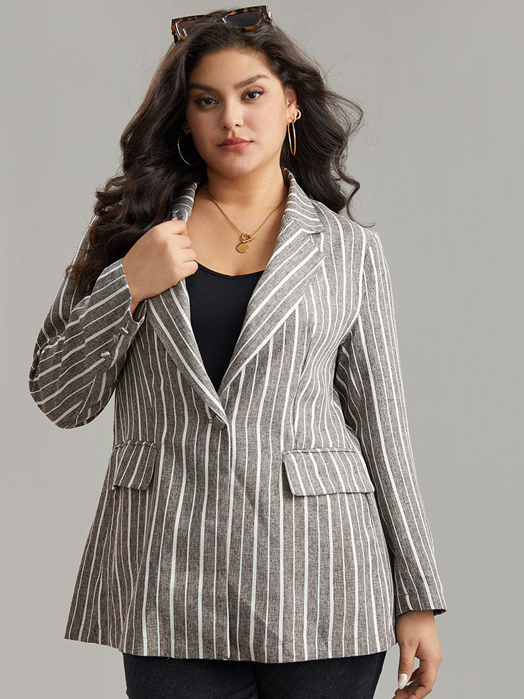 

Plus Size Striped Suit Collar Button Up Blazer DimGray Women Dailywear Striped Contrast Sleeve Long Sleeve Suit Collar  Pocket Casual Blazers BloomChic