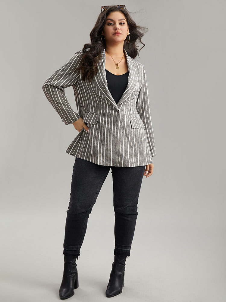 Plus Size Striped Suit Collar Button Up Blazer DimGray Women Dailywear Striped Contrast Sleeve Long Sleeve Suit Collar 10/M Pocket Casual Blazers BloomChic 