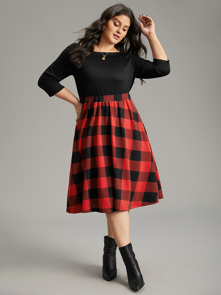 

Plus Size Plaid Pocket Boat Neck Patchwork Dress Black Women Elegant Printed Boat Neck Elbow-length sleeve Curvy Midi Dress BloomChic