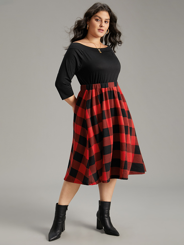 

Plus Size Plaid Pocket Boat Neck Patchwork Dress Black Women Elegant Printed Boat Neck Elbow-length sleeve Curvy Midi Dress BloomChic