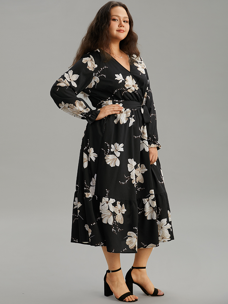 

Plus Size Floral Print Flutter Sleeve Belted Surplice Neck Dress Black Women Elegant Wrap Overlap Collar Long Sleeve Curvy Midi Dress BloomChic