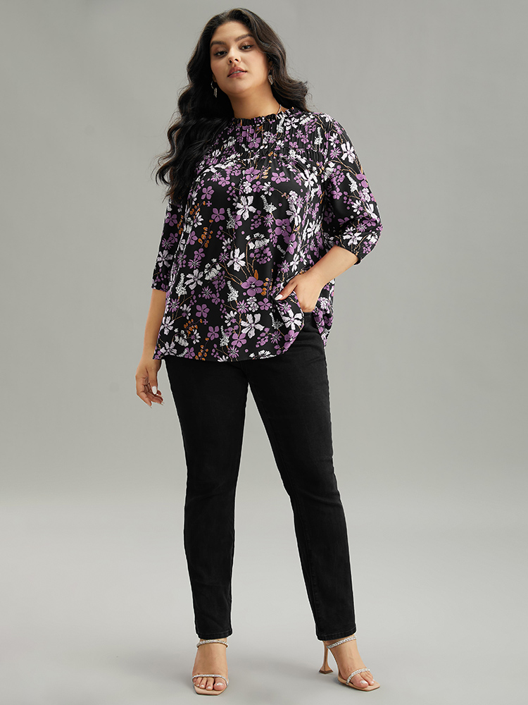 Plus Size Purple Floral Print Frill Trim Cut Out Blouse Women Elegant Elbow-length sleeve Round Neck Everyday Blouses BloomChic 14-16/1X 