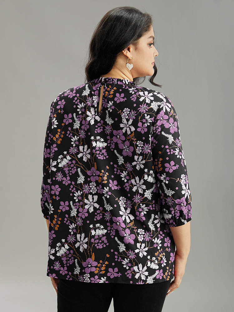 

Plus Size Purple Floral Print Frill Trim Cut Out Blouse Women Elegant Elbow-length sleeve Round Neck Everyday Blouses BloomChic