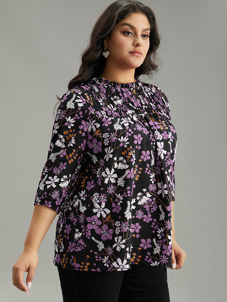 Plus Size Purple Floral Print Frill Trim Cut Out Blouse Women Elegant Elbow-length sleeve Round Neck Everyday Blouses BloomChic 14-16/1X 