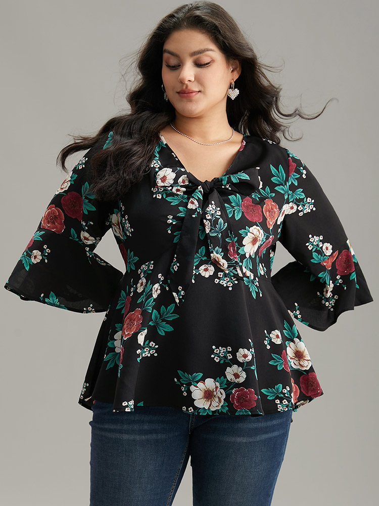 

Plus Size Black Floral Knot Twist Front Ruffle Sleeve Blouse Women Elegant Elbow-length sleeve V-neck Dailywear Blouses BloomChic