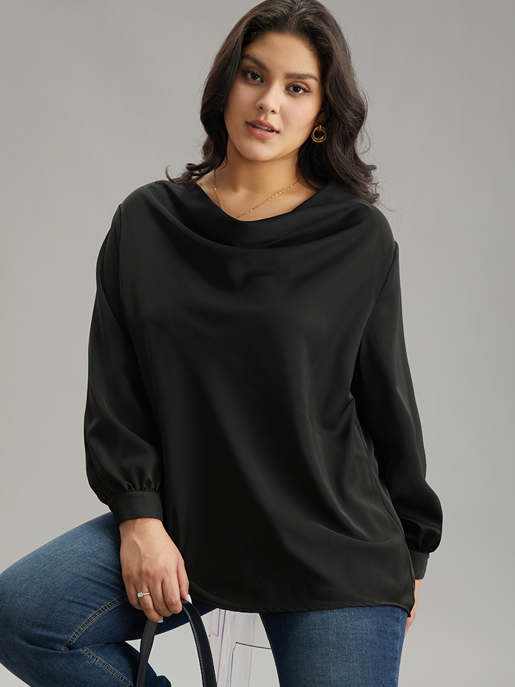 

Plus Size Black Static-Free Plain Cowl Neck Blouse Women Office Long Sleeve Cowl Neck Work Blouses BloomChic