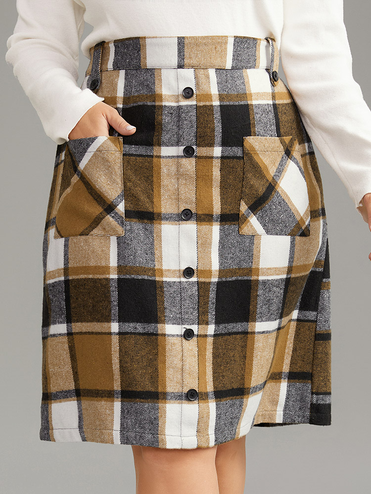 Plus Size Plaid Button Detail Patched Pocket Skirt Women Tan Office Elastic Waist Bodycon No stretch Pocket Work Skirts BloomChic 10/M 